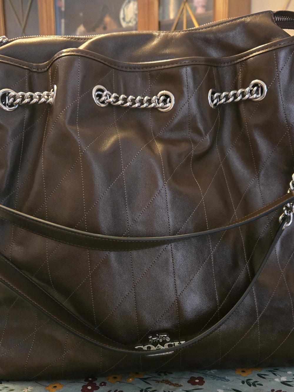 Coach Quilted Leather Shoulder Bag in Dark Brown with Silver Chain